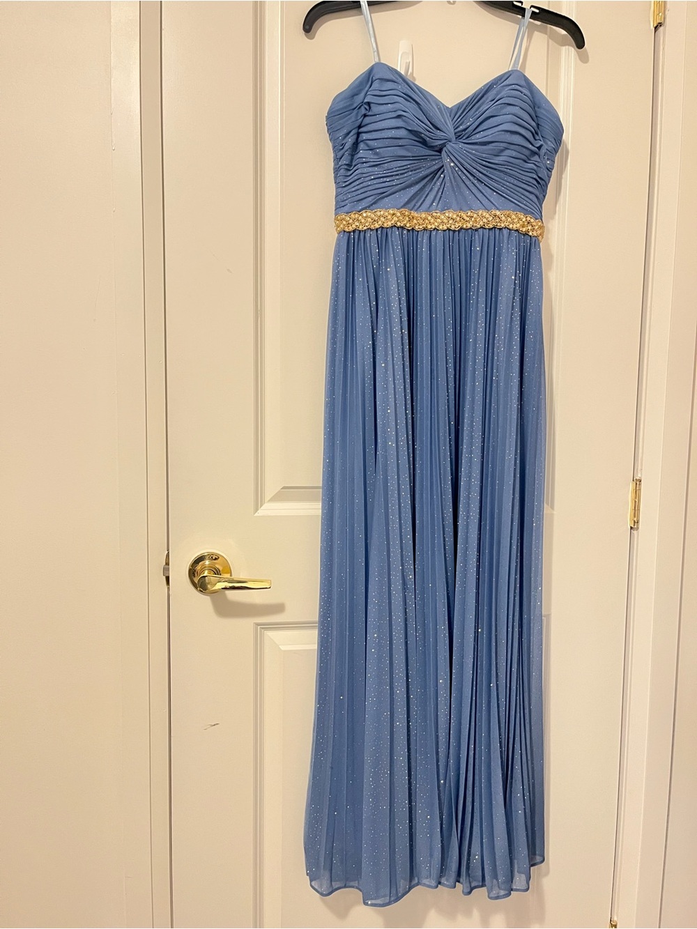 Strapless Dusty Blue Evening Gown with Gold Waist Accent